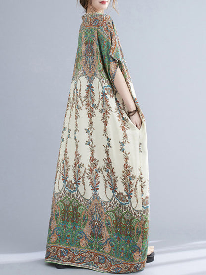 Printed V-neck Batwing Sleeves H-line Maxi Dress