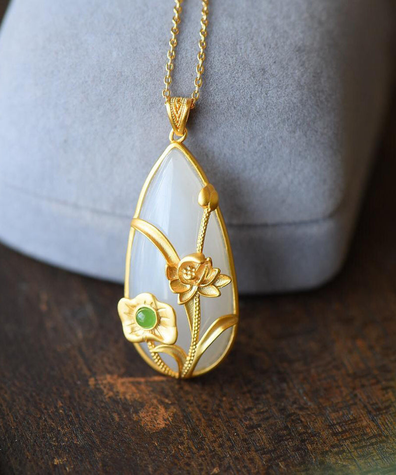 Gold Sterling Silver Overgild Inlaid Jade Lotus Water Dro Pendant Necklace