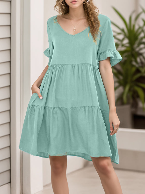 A-line Flared Sleeves Pleated Pockets Ruffled Color Split-joint Round-neck Mini Dresses