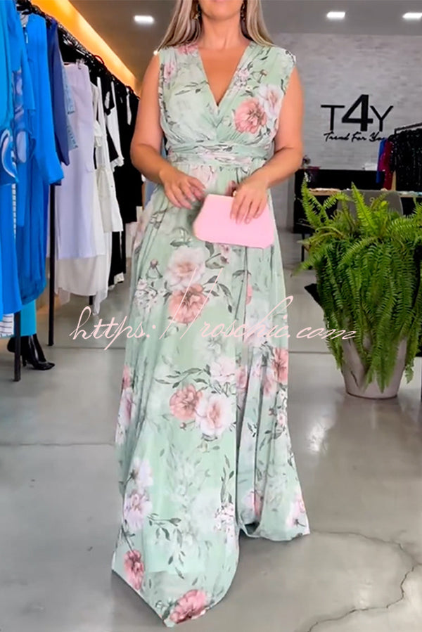 Print V-neck Lace-up Maxi Dress