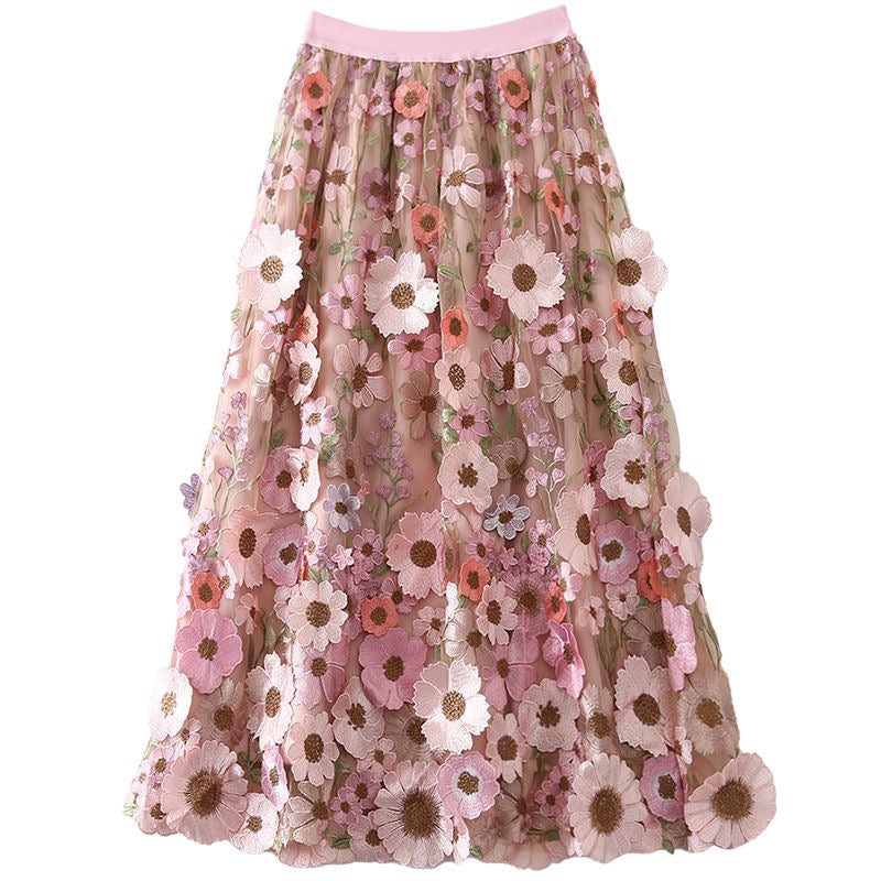 French Elastic Waist Yellow Embroidery Patch Tulle Skirt