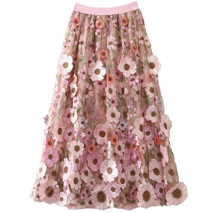 Stylish Black Elastic Waist Embroidery Patch Tulle Skirt