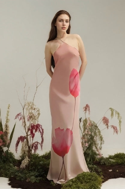 Print Halter Backless High Waist Maxi Dress