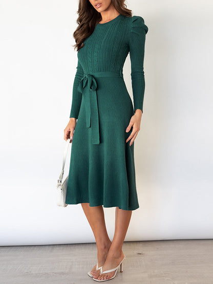 High Waisted Long Sleeves Color Tied Waist Round-neck Midi Dresses Sweater Dresses