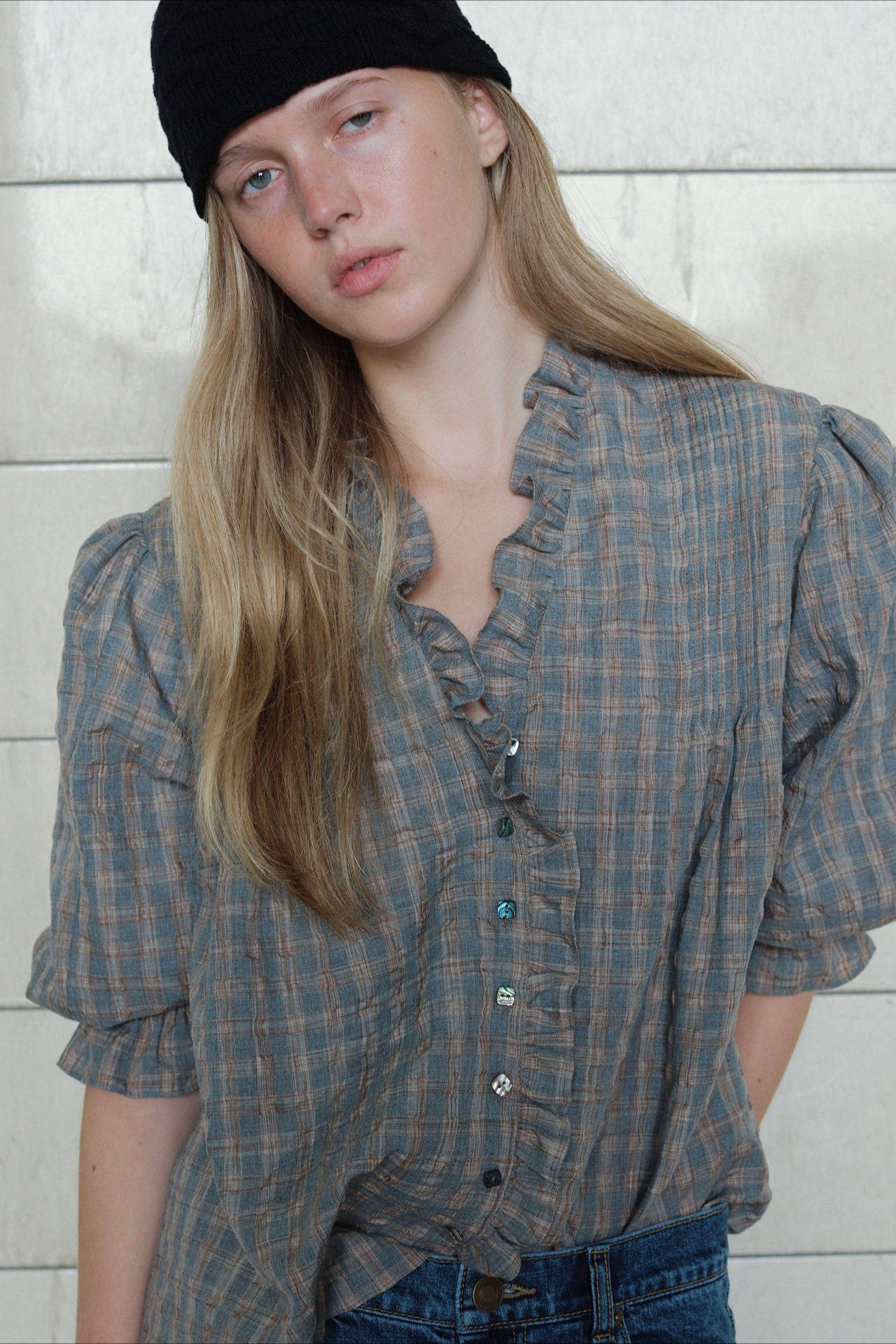Plaid Ruffle Long Sleeve Blouse
