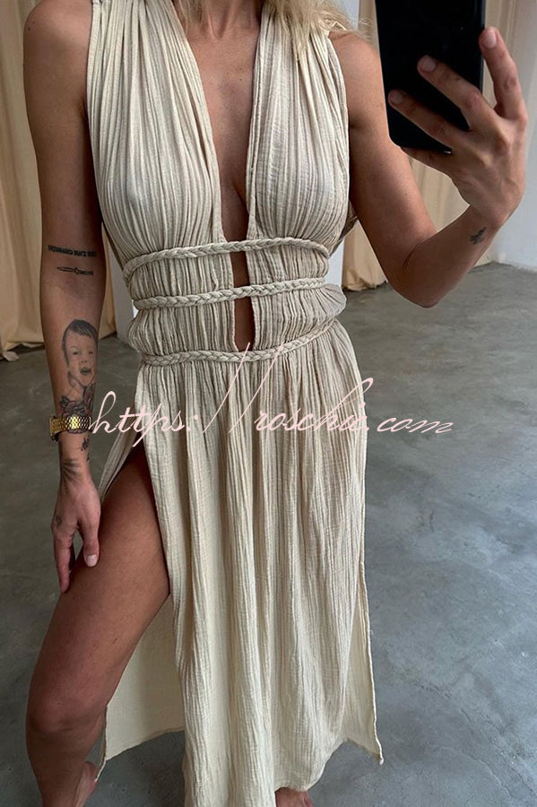 With Elegance Linen Blend Braids Belt Cutout Slit Kaftan Maxi Dress