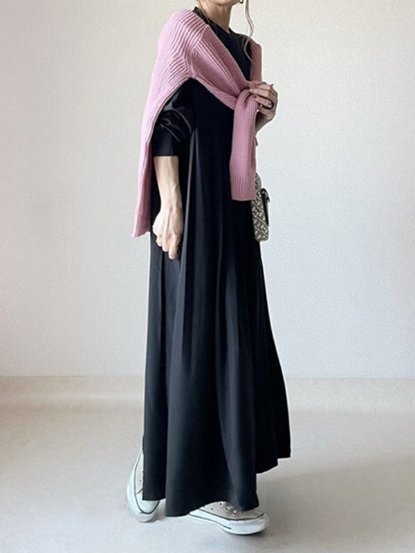Long Sleeves Loose Pleated Color Split-joint Round-neck Maxi Dresses Shirt Dress