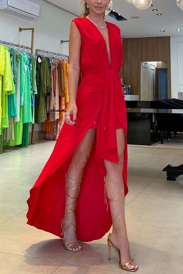 Allure Tie-front Plunge V-neck High Low Maxi Dress