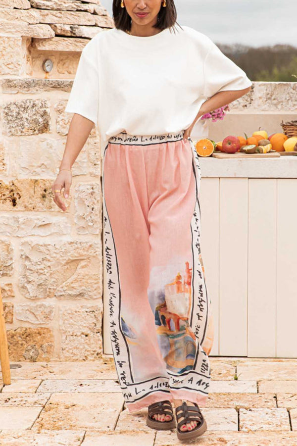 Unique Printed Elastic Waist Vacation Wide Leg Pants