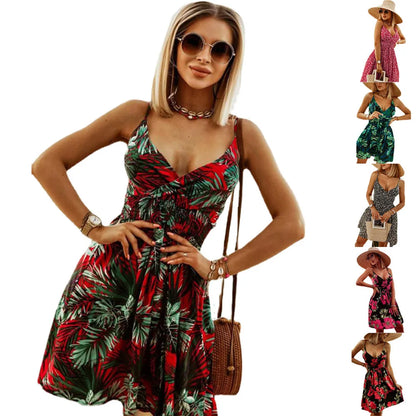 Flower Print Spaghetti Strap Mini Dresses V-neck Backless Short Dress Vacation Vestidos