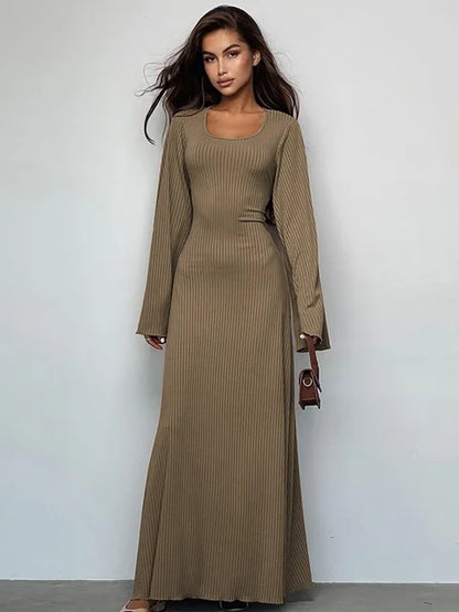 Scoop Neck Lace-up Ribbed Maxi Dress Female Long Sleeve Slim Loose Bandage Dress Autumn Dress New