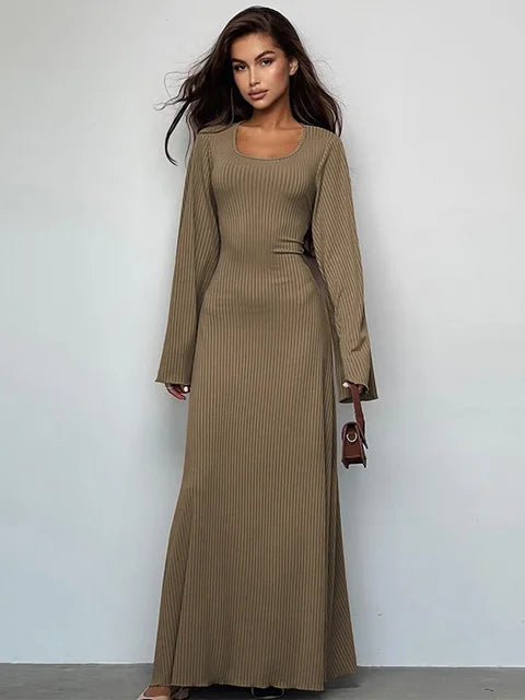 Scoop Neck Lace-up Ribbed Maxi Dress Female Long Sleeve Slim Loose Bandage Dress Autumn Dress New