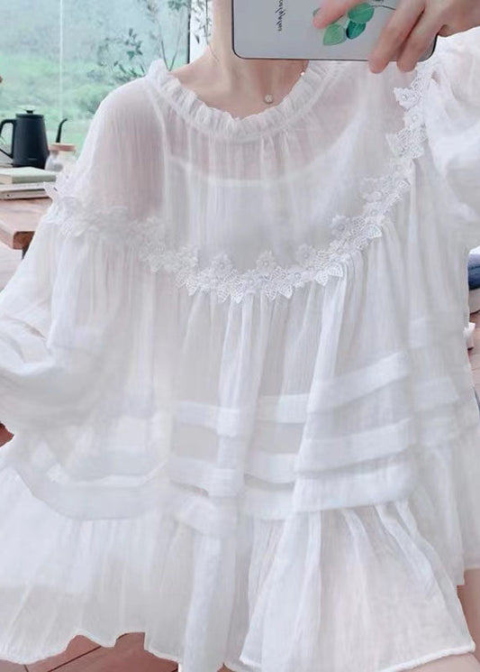 Style White Lace Ruffled Patchwork Cotton Blouses Lantern Sleeve Az1027