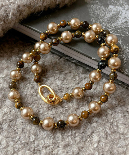 Fine Colorblock Alloy Tiger's Eye Pearl Patchwork Gratuated Bead Necklace