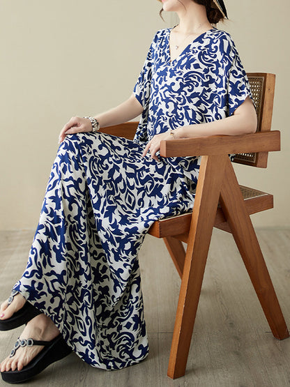 Batwing Sleeves Loose Printed V-neck Maxi Dresses