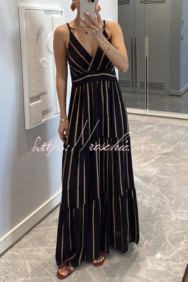 Striped Printed Suspender V-neck Full Hem Loose Holiday Maxi Dress