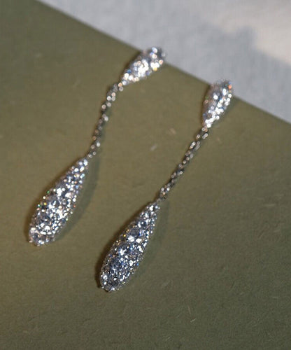 Silk Sterling Silver Zircon Water Drop Tassel Drop Earrings