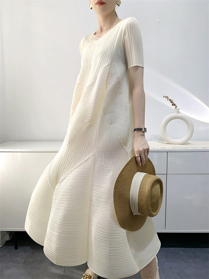 Loose Short Sleeves Pleated Color Split-joint V-neck Midi Dresses