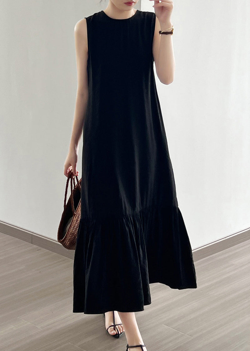 Black Wrinkled Cotton Long Dress O Neck Sleeveless Nn021