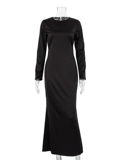 Hollow Out Satin Maxi Dress Female High Waist Slim Scoop Neck Long Sleeve Dress Zipper Party Dress Summer