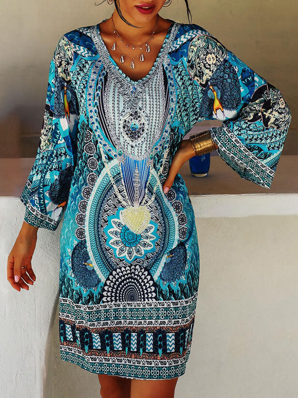 A-line Flared Sleeves Printed Split-joint V-neck Mini Dresses