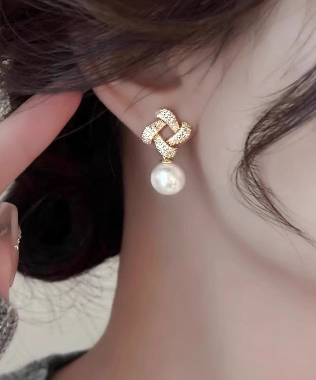 Gold Sterling Silver Overgild Zircon Pearl Square Drop Earrings