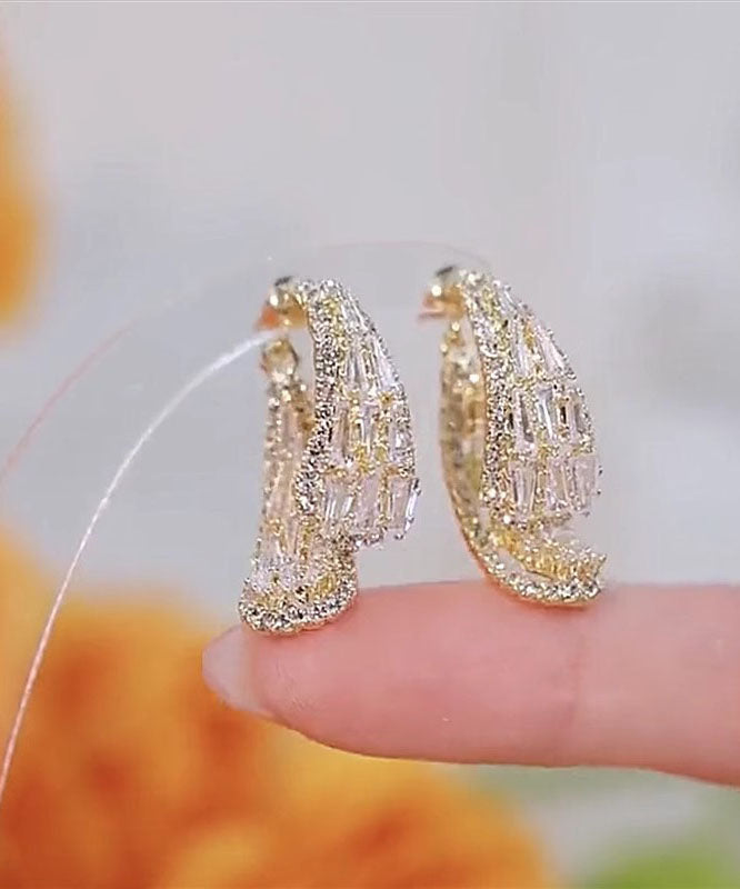Gold Copper Overgild Zircon Leaves Hoop Earrings