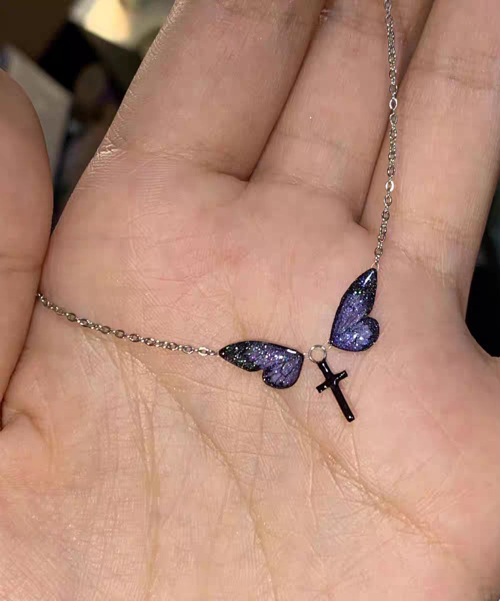 Purple Silver Alloy Zircon Butterfly Cross Pendant Necklace