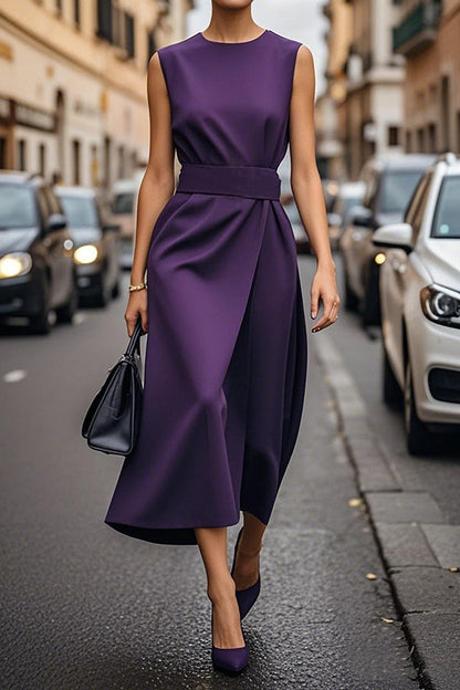 Color Sleeveless Round Neck Midi Dress