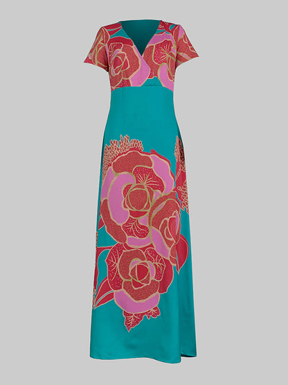 A-line Loose Printed Split-joint Deep V-neck Evening Dresses Maxi Dresses