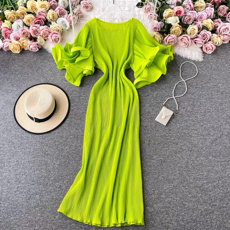 Round Neck Purple Ruffled Sleeve Maxi Dress