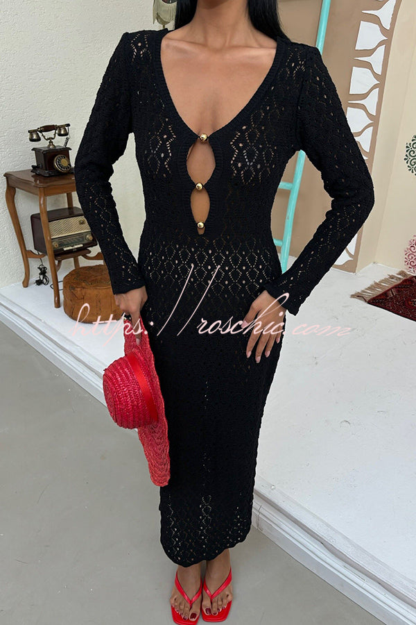 V-neck Long-sleeved Hollow Slim Maxi Dress