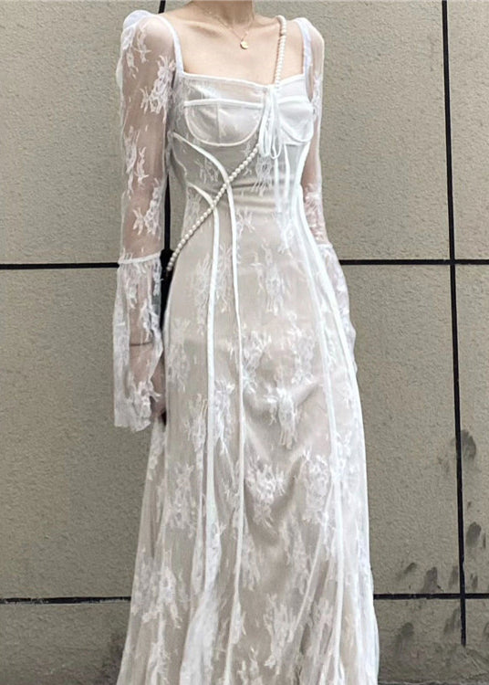 French Black Square Collar Patchwork Lace Long Dress Flare Sleeve Az1028