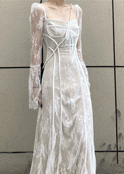 French Black Square Collar Patchwork Lace Long Dress Flare Sleeve Az1028