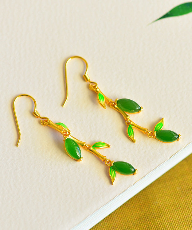 Green Silver Gold Plated Inlaid Jade Drop Earrings