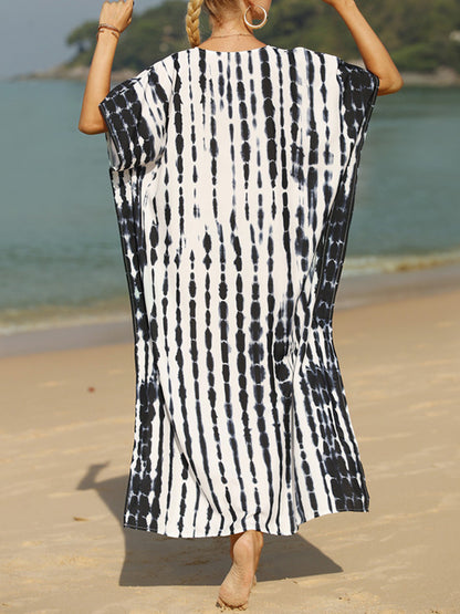 Loose Short Sleeves Printed Split-side Sun Protection V-neck Maxi Dresses