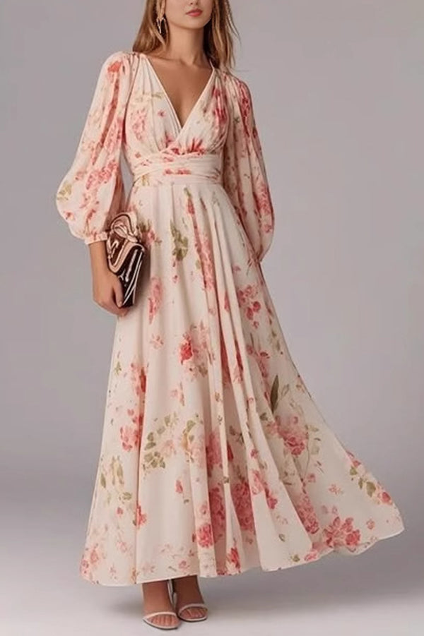 Print Lantern Sleeves V-neck Waist Maxi Dress