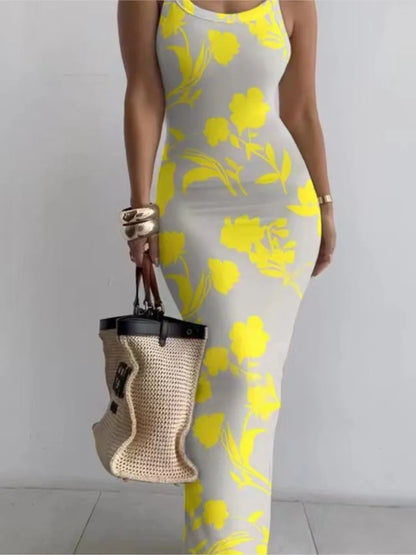 Printed Slim Spaghetti Strap Long Dresses Y2k Sleeveless Skinny Bodycon Maxi Vestidos Summer New