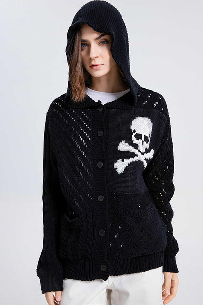 Hollow Long-sleeved Halloween Skull Knitted Cardigan With Pockets