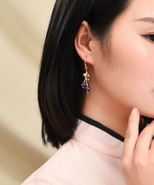 Stylish Purple Crystal 14k Gold Drop Earrings