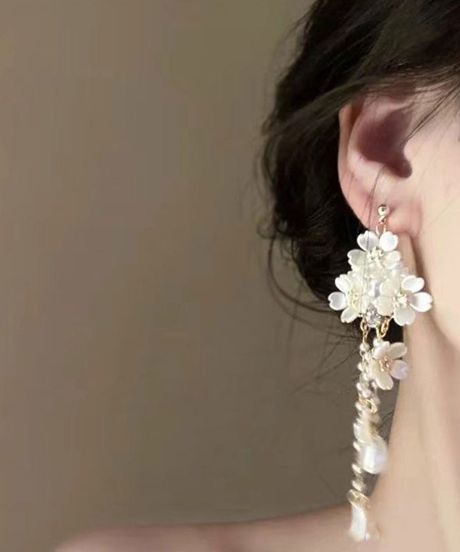 Diy White Alloy Pearl Tassel Drop Earrings