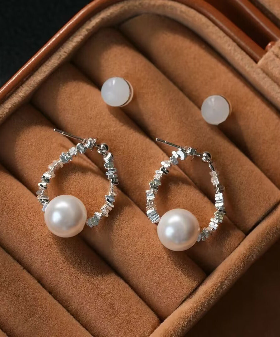 Diy Silk Copper Broken Silver Pearl Hoop Earrings