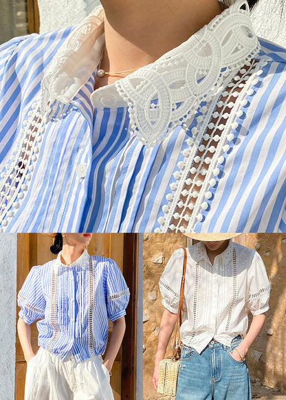 Out Blue Striped Cotton Summer Hollow Blouses