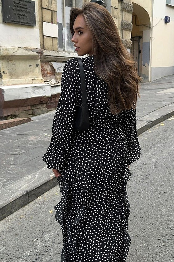 V-neck Polka Dot Puff Sleeve A-line Maxi Dress