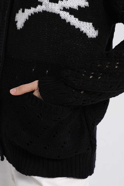 Hollow Long-sleeved Halloween Skull Knitted Cardigan With Pockets