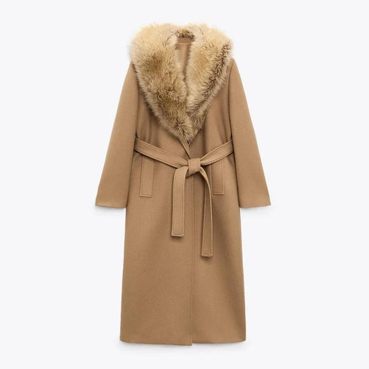 Faux Fur Patchwork Collar Woolen Belts Coat Button Up Pocket Thicken Warm Outwear Female Winter Jacket