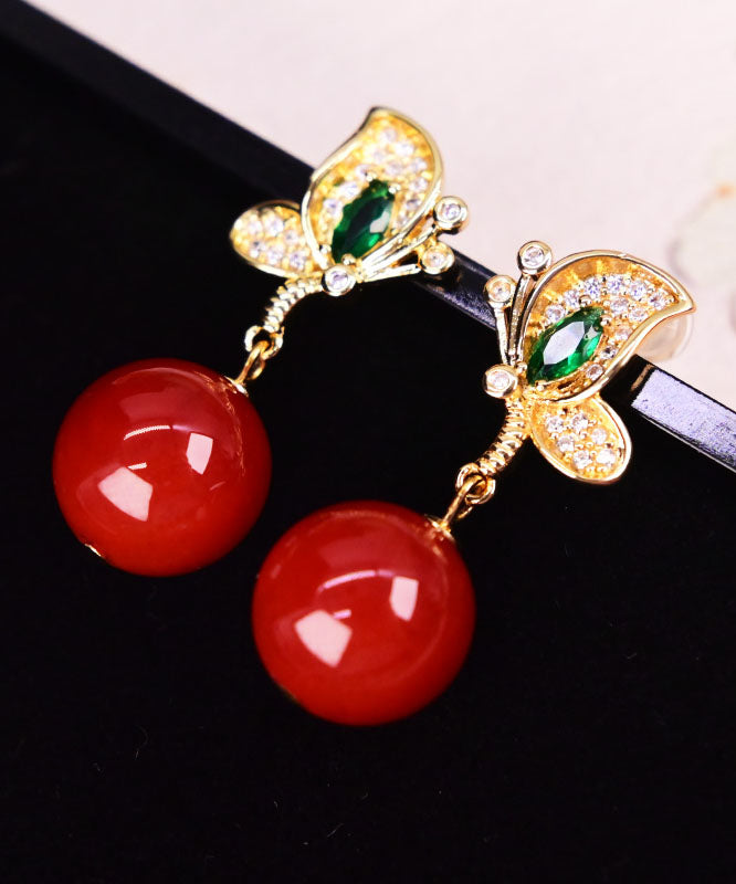 Diy Red Sterling Silver Overgild Agate Butterfly Drop Earrings
