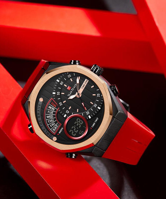 Stylish Red Metal Silicone Rubber Quartz Movement Tempered Glass Watch