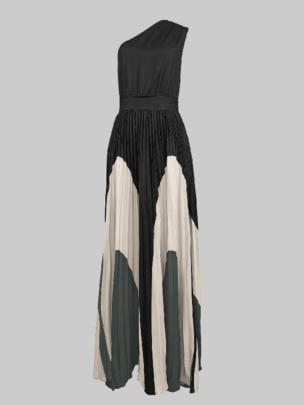 Sleeveless Asymmetric Pleated Printed One-shoulder Maxi Dresses