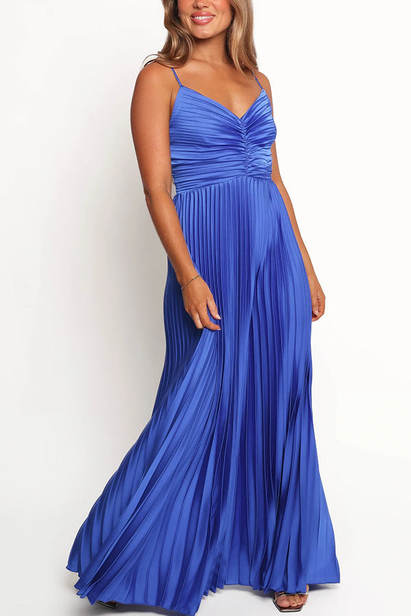 Catch the Light Satin Pleated V-neck Slip Maxi Dress
